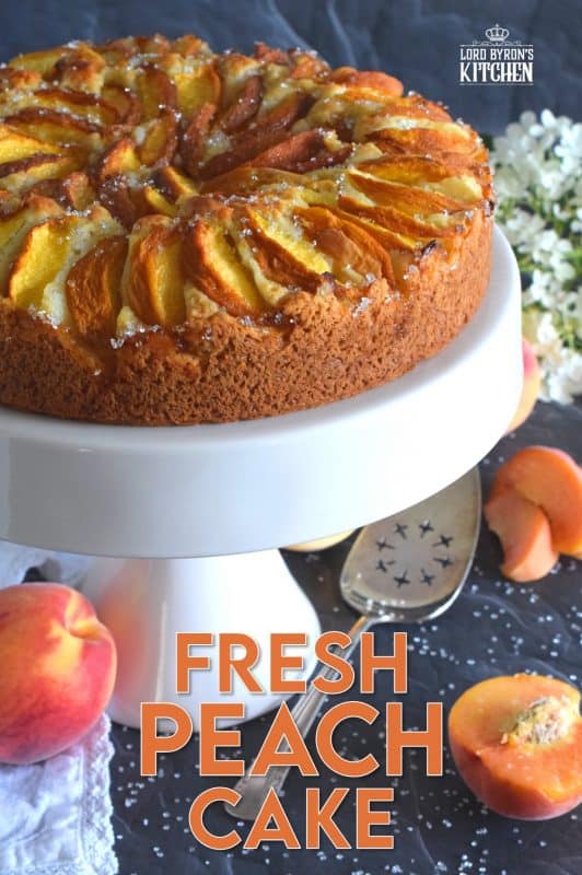Fresh Peach Cake comes together very quickly, and is a perfectly rustic dessert with very little effort. The addition of the vanilla paste elevates the flavour and pairs so well with the peaches. No decorating needed here! Just add a big scoop of vanilla ice cream and you're all set! #cake #peach #peaches #fruitcake #dessert #easydessert