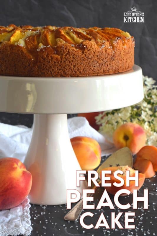 Fresh Peach Cake comes together very quickly, and is a perfectly rustic dessert with very little effort. The addition of the vanilla paste elevates the flavour and pairs so well with the peaches. No decorating needed here! Just add a big scoop of vanilla ice cream and you're all set! #cake #peach #peaches #fruitcake #dessert #easydessert