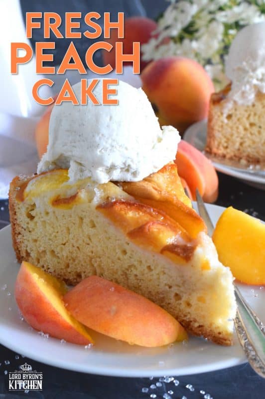 Fresh Peach Cake comes together very quickly, and is a perfectly rustic dessert with very little effort. The addition of the vanilla paste elevates the flavour and pairs so well with the peaches. No decorating needed here! Just add a big scoop of vanilla ice cream and you're all set! #cake #peach #peaches #fruitcake #dessert #easydessert