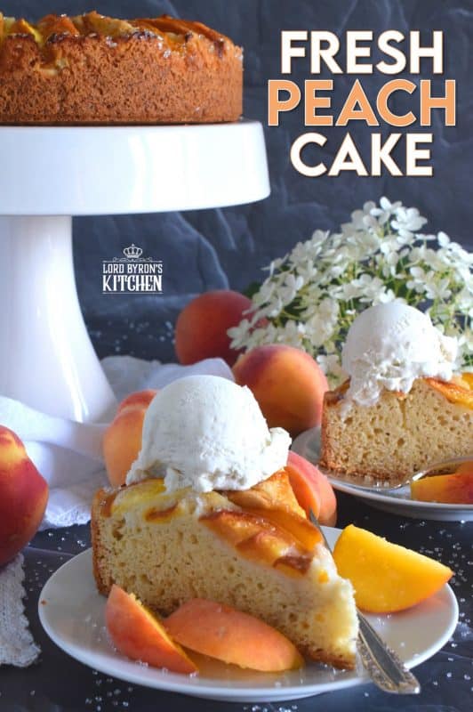 Fresh Peach Cake comes together very quickly, and is a perfectly rustic dessert with very little effort. The addition of the vanilla paste elevates the flavour and pairs so well with the peaches. No decorating needed here! Just add a big scoop of vanilla ice cream and you're all set! #cake #peach #peaches #fruitcake #dessert #easydessert