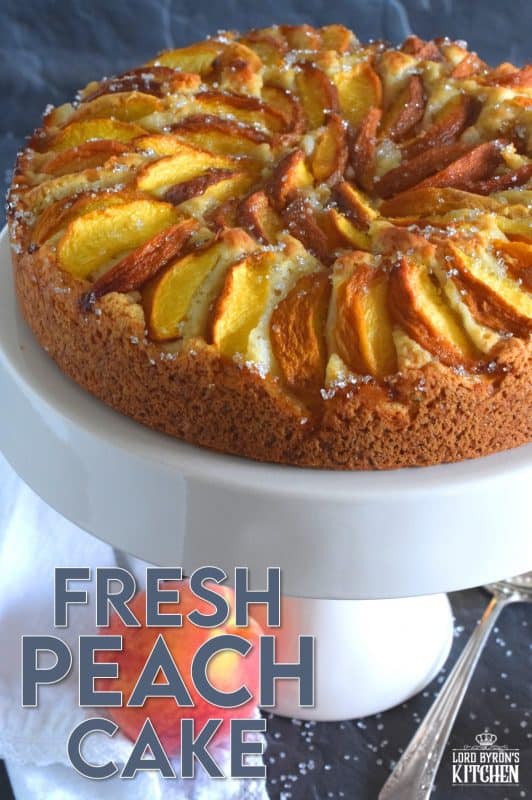 Fresh Peach Cake comes together very quickly, and is a perfectly rustic dessert with very little effort. The addition of the vanilla paste elevates the flavour and pairs so well with the peaches. No decorating needed here! Just add a big scoop of vanilla ice cream and you're all set! #cake #peach #peaches #fruitcake #dessert #easydessert