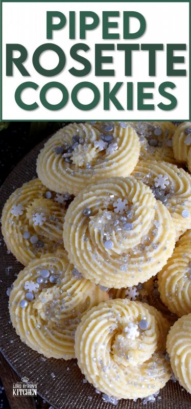 There are no special skills needed to make these gorgeous Holiday Piped Rosette Cookies; they're very impressive, but they're also very easy! These pack well and are great for storing in tins for gift giving!! #rosette #piped #cookies #christmas #holiday #baking