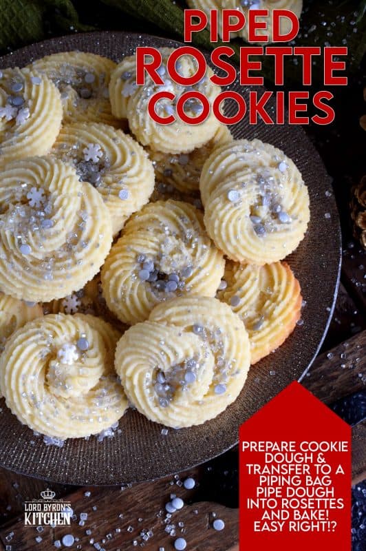 There are no special skills needed to make these gorgeous Holiday Piped Rosette Cookies; they're very impressive, but they're also very easy! These pack well and are great for storing in tins for gift giving!! #rosette #piped #cookies #christmas #holiday #baking