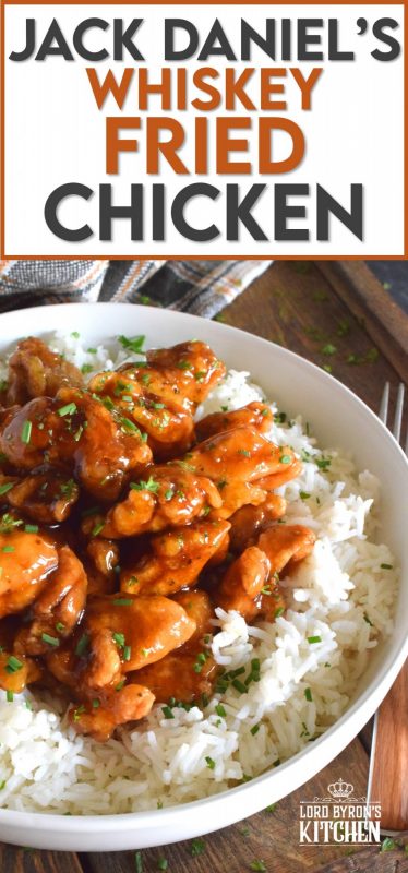 This crispy fried chicken is slathered in a thick, sweet, homemade sauce with a good splash of whiskey. Jack Daniel's Whiskey Fried Chicken uses skinless, boneless chicken thighs which have more flavour and hold up well to the hot oil. With my double fry method, your chicken will stay crispy even after soaking up that delicious sauce too! #whiskey #jackdaniels #whiskeychicken #friedchicken #sweetandsticky #sauce
