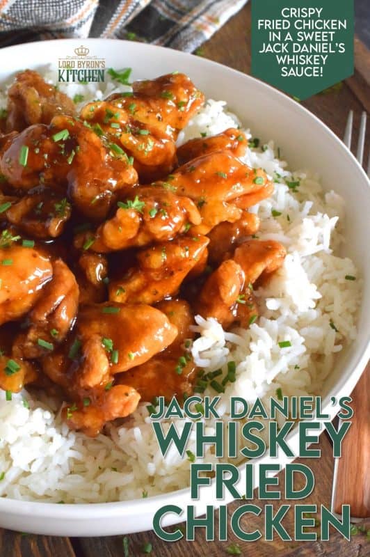This crispy fried chicken is slathered in a thick, sweet, homemade sauce with a good splash of whiskey. Jack Daniel's Whiskey Fried Chicken uses skinless, boneless chicken thighs which have more flavour and hold up well to the hot oil. With my double fry method, your chicken will stay crispy even after soaking up that delicious sauce too! #whiskey #jackdaniels #whiskeychicken #friedchicken #sweetandsticky #sauce