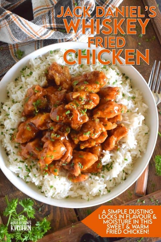 This crispy fried chicken is slathered in a thick, sweet, homemade sauce with a good splash of whiskey. Jack Daniel's Whiskey Fried Chicken uses skinless, boneless chicken thighs which have more flavour and hold up well to the hot oil. With my double fry method, your chicken will stay crispy even after soaking up that delicious sauce too! #whiskey #jackdaniels #whiskeychicken #friedchicken #sweetandsticky #sauce