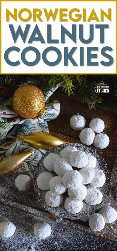 This cookie is all about the walnuts. Norwegian Walnut Cookies are loaded with them and liberally dusted with confectioner's sugar. They're a perfect pop-in-your-mouth, one-bite cookie! These are great for packing into little bags or boxes as a gift! #walnut #butter #cookies #norwegian #christmas #holiday #baking