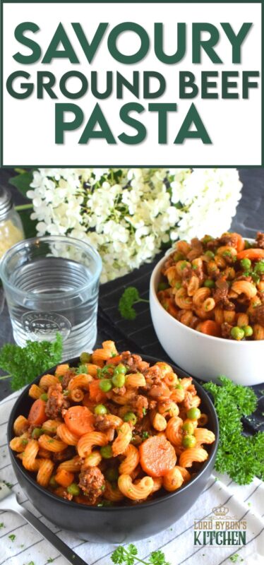Savoury Ground Beef Pasta is a wonderful fall-inspired dish which is prepared in less than 45 minutes. With ingredients like beef, carrots, onions, tomatoes, peas, and thyme, who could resist? This is not your average ground beef pasta; this is hearty, comforting, and perfect for the cooler months ahead. #groundbeef #pasta #beef #family
