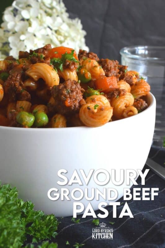 Savoury Ground Beef Pasta is a wonderful fall-inspired dish which is prepared in less than 45 minutes. With ingredients like beef, carrots, onions, tomatoes, peas, and thyme, who could resist? This is not your average ground beef pasta; this is hearty, comforting, and perfect for the cooler months ahead. #groundbeef #pasta #beef #family