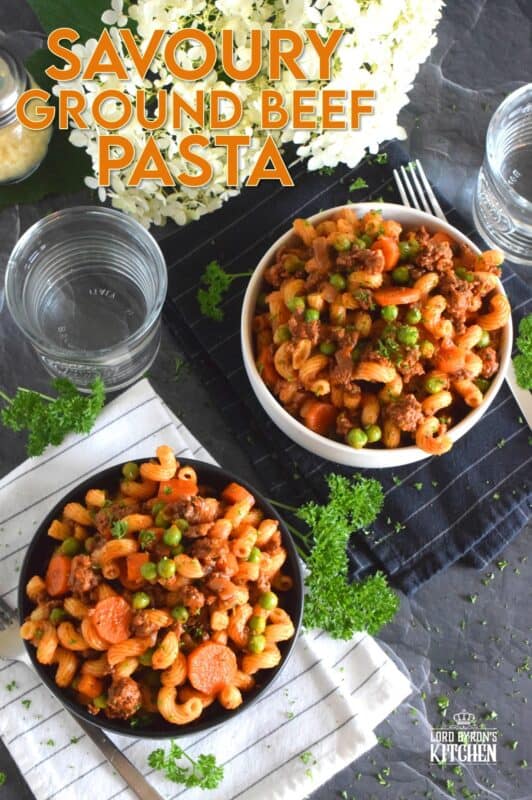Savoury Ground Beef Pasta is a wonderful fall-inspired dish which is prepared in less than 45 minutes. With ingredients like beef, carrots, onions, tomatoes, peas, and thyme, who could resist? This is not your average ground beef pasta; this is hearty, comforting, and perfect for the cooler months ahead. #groundbeef #pasta #beef #family
