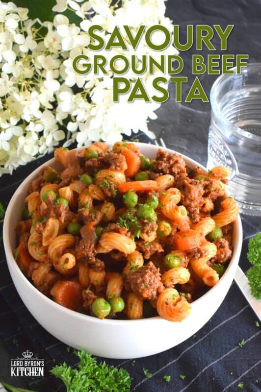 Savoury Ground Beef Pasta is a wonderful fall-inspired dish which is prepared in less than 45 minutes. With ingredients like beef, carrots, onions, tomatoes, peas, and thyme, who could resist? This is not your average ground beef pasta; this is hearty, comforting, and perfect for the cooler months ahead. #groundbeef #pasta #beef #family