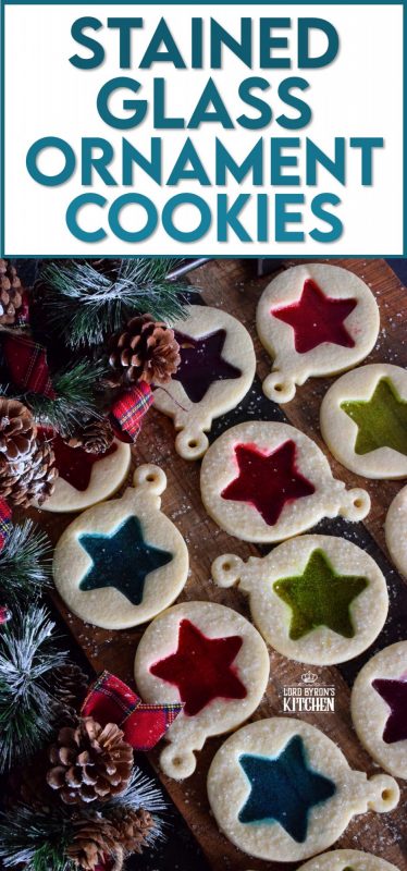 These beautiful Stained Glass Ornament Cookies are made with an easy rolled cookie dough, some glistening sanding sugar, and your favourite flavour of crushed Jolly Ranchers candy. #stainedglass #christmas #holiday #baking #cookies #edible #ornaments #cookiecutters