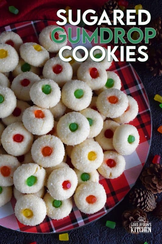 Sugared Gumdrop Cookies are butter cookies which have been generously tossed in sanding sugar with a festive gumdrop baked right into the center! These cookies are adorably festive, easy and budget-friendly, and bite-sized too! #cookies #sugared #gumdrops #christmas #holiday #baking