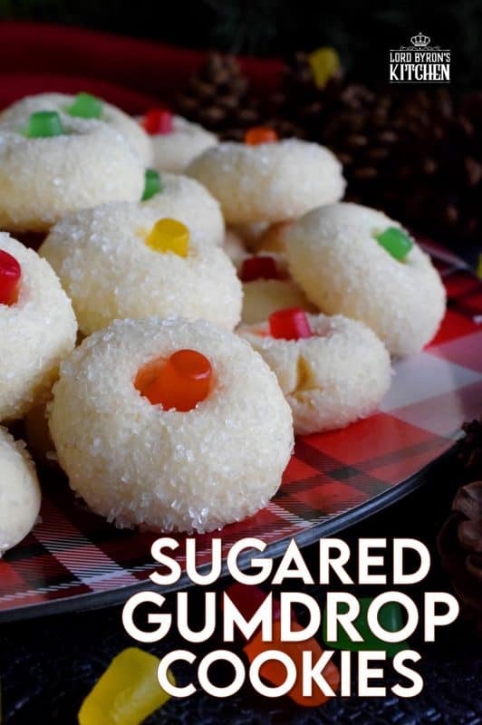 Sugared Gumdrop Cookies are butter cookies which have been generously tossed in sanding sugar with a festive gumdrop baked right into the center! These cookies are adorably festive, easy and budget-friendly, and bite-sized too! #cookies #sugared #gumdrops #christmas #holiday #baking