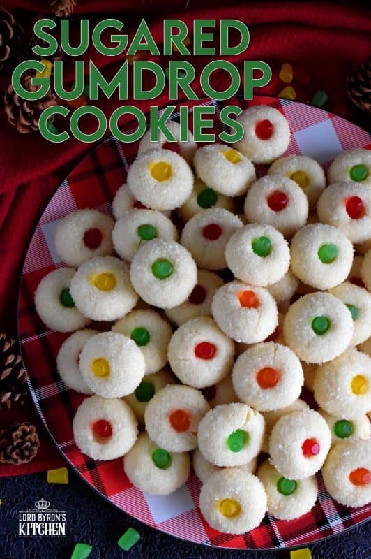 Sugared Gumdrop Cookies are butter cookies which have been generously tossed in sanding sugar with a festive gumdrop baked right into the center! These cookies are adorably festive, easy and budget-friendly, and bite-sized too! #cookies #sugared #gumdrops #christmas #holiday #baking
