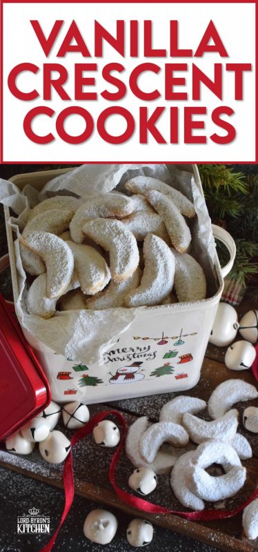 Extemely popular at Christmastime, Vanilla Crescent Cookies are loaded with vanilla flavour! These melt-in-your-mouth cookies are made with lots of heart-healthy ground nuts and vanilla sugar! #vanilla #sugar #crescent #cookies #christmas #holiday #baking