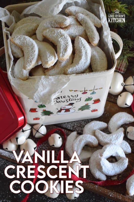 Extemely popular at Christmastime, Vanilla Crescent Cookies are loaded with vanilla flavour! These melt-in-your-mouth cookies are made with lots of heart-healthy ground nuts and vanilla sugar! #vanilla #sugar #crescent #cookies #christmas #holiday #baking