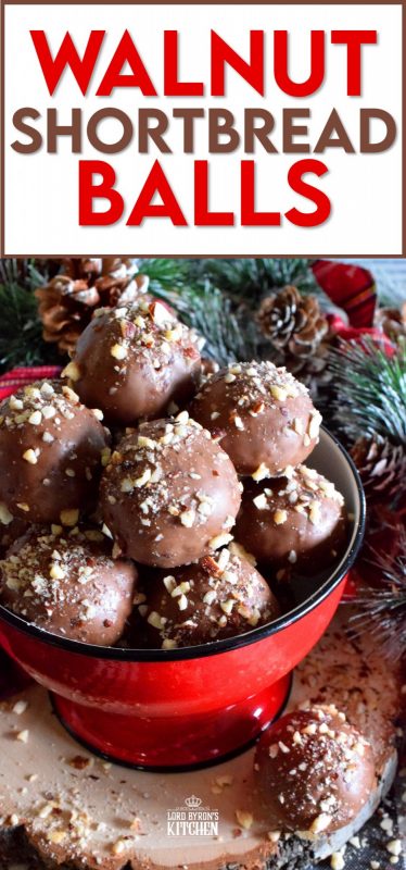 For this cookie, I've taken a shortbread recipe, stuffed it with chopped walnuts, baked them into balls, and dipped them in melted chocolate. Walnut Shortbread Balls are a new take on a Christmas classic! #walnut #shortbread #chocolate #balls #christmas #holiday #baking