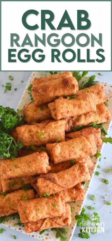 Stuffed with crab and cream cheese, and rolled into an egg roll wrapper, these Crab Rangoon Egg Rolls are deep fried until golden and crispy. The filling is warm and super creamy, and it is flavoured with green onions, Worcestershire sauce, mayo, vinegar, and seasonings. I bet you can't eat just one - it's a bet I never lose! #crab #rangoons #appetizer #imitationcrab #seafood #eggrolls 