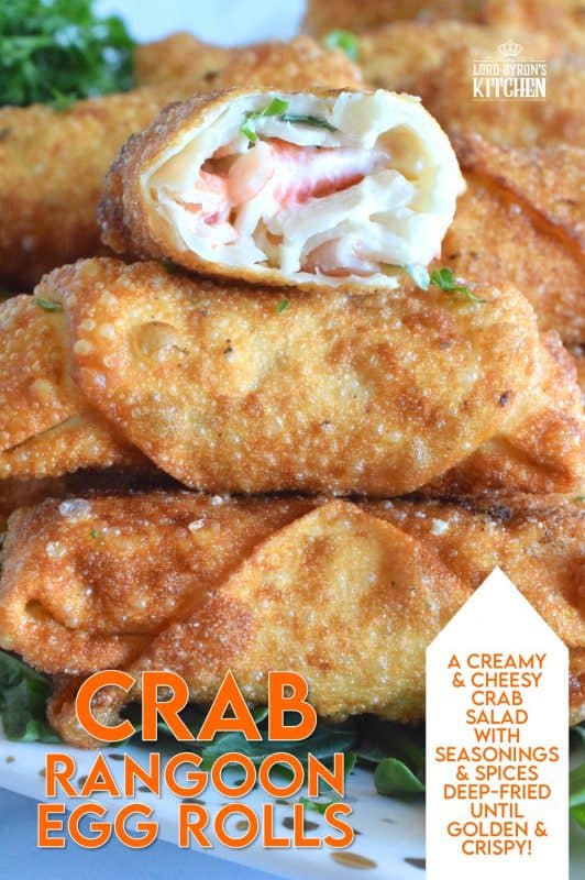 Stuffed with crab and cream cheese, and rolled into an egg roll wrapper, these Crab Rangoon Egg Rolls are deep fried until golden and crispy. The filling is warm and super creamy, and it is flavoured with green onions, Worcestershire sauce, mayo, vinegar, and seasonings. I bet you can't eat just one - it's a bet I never lose! #crab #rangoons #appetizer #imitationcrab #seafood #eggrolls