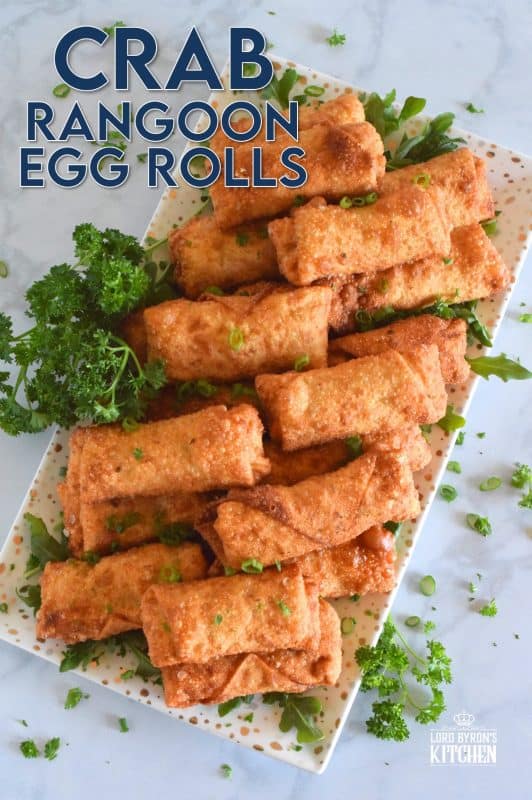 Stuffed with crab and cream cheese, and rolled into an egg roll wrapper, these Crab Rangoon Egg Rolls are deep fried until golden and crispy. The filling is warm and super creamy, and it is flavoured with green onions, Worcestershire sauce, mayo, vinegar, and seasonings. I bet you can't eat just one - it's a bet I never lose! #crab #rangoons #appetizer #imitationcrab #seafood #eggrolls