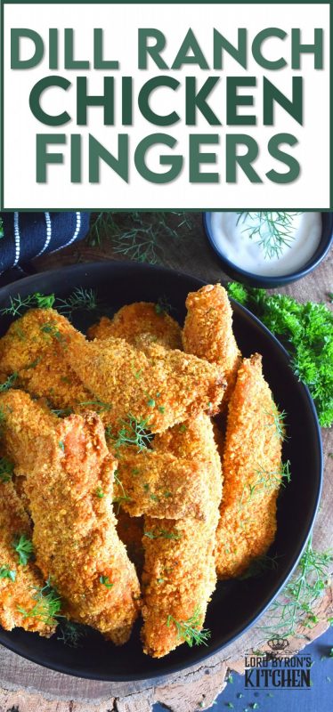Oven baked until crisp, Dill Ranch Chicken Fingers are first soaked in buttermilk and then breaded in a mixture consisting of crushed corn flakes, chives, parsley, dill, garlic, onion, and a little bit of optional cayenne pepper.  Serve these will a buttermilk dill ranch dressing for the ultimate grown up chicken finger! #dillranch #chickenfingers #chicken #bakednotfried #ovenbaked #recipesformoms #dill