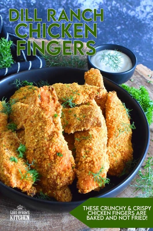 Oven baked until crisp, Dill Ranch Chicken Fingers are first soaked in buttermilk and then breaded in a mixture consisting of crushed corn flakes, chives, parsley, dill, garlic, onion, and a little bit of optional cayenne pepper. Serve these will a buttermilk dill ranch dressing for the ultimate grown up chicken finger! #dillranch #chickenfingers #chicken #bakednotfried #ovenbaked #recipesformoms #dill