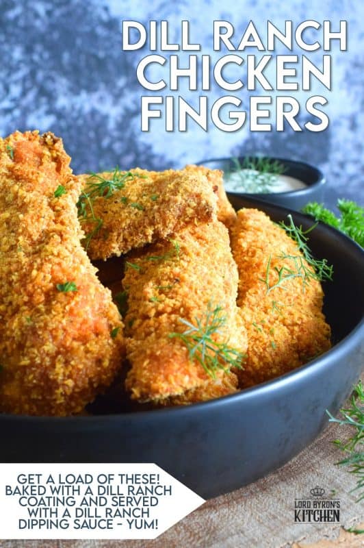 Oven baked until crisp, Dill Ranch Chicken Fingers are first soaked in buttermilk and then breaded in a mixture consisting of crushed corn flakes, chives, parsley, dill, garlic, onion, and a little bit of optional cayenne pepper. Serve these will a buttermilk dill ranch dressing for the ultimate grown up chicken finger! #dillranch #chickenfingers #chicken #bakednotfried #ovenbaked #recipesformoms #dill