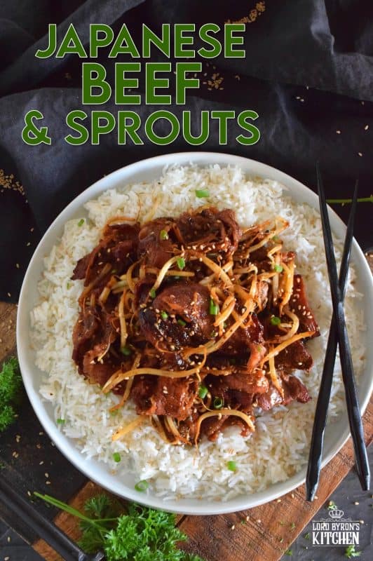 Prepared with thinly sliced beef which has been marinated to flavour and tenderize, Japanese Beef and Sprouts is wonderfully delicious when served over steamed rice. Add more flavour with toasted sesame seeds and a burst of freshness with sliced green onions! #japanese #japanesebeef #beef #teppanyaki #whatsfordinner