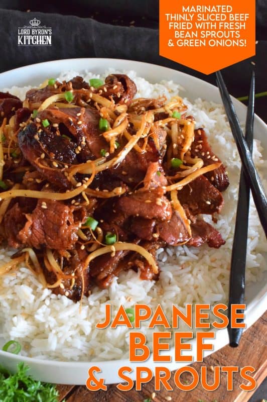Prepared with thinly sliced beef which has been marinated to flavour and tenderize, Japanese Beef and Sprouts is wonderfully delicious when served over steamed rice. Add more flavour with toasted sesame seeds and a burst of freshness with sliced green onions! #japanese #japanesebeef #beef #teppanyaki #whatsfordinner
