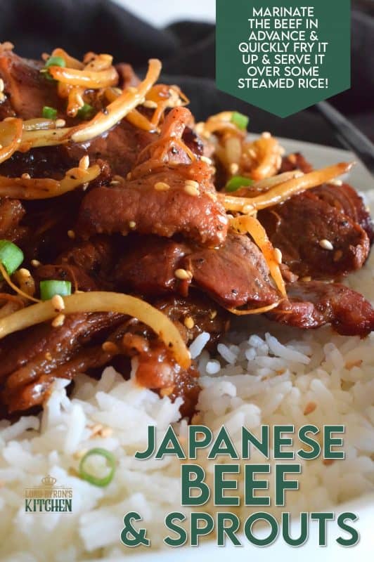 Prepared with thinly sliced beef which has been marinated to flavour and tenderize, Japanese Beef and Sprouts is wonderfully delicious when served over steamed rice. Add more flavour with toasted sesame seeds and a burst of freshness with sliced green onions! #japanese #japanesebeef #beef #teppanyaki #whatsfordinner