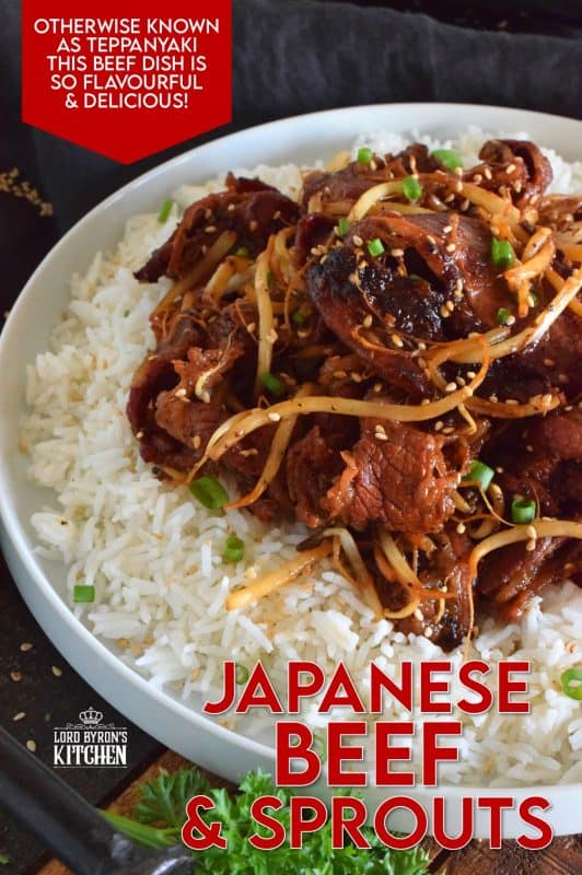 Prepared with thinly sliced beef which has been marinated to flavour and tenderize, Japanese Beef and Sprouts is wonderfully delicious when served over steamed rice. Add more flavour with toasted sesame seeds and a burst of freshness with sliced green onions! #japanese #japanesebeef #beef #teppanyaki #whatsfordinner