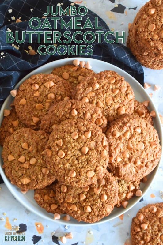 Butterscotch is sweet and indulgent, it's a flavour combination that combines that of browned butter, molasses, and caramelized sugar. Jumbo Oatmeal Butterscotch Cookies are prepared with simplified versions of those ingredients, but also with butterscotch chips and butterscotch pudding too! #butterscotch #oatmealcookies #cookies #jumbocookies #butterscotchchips 