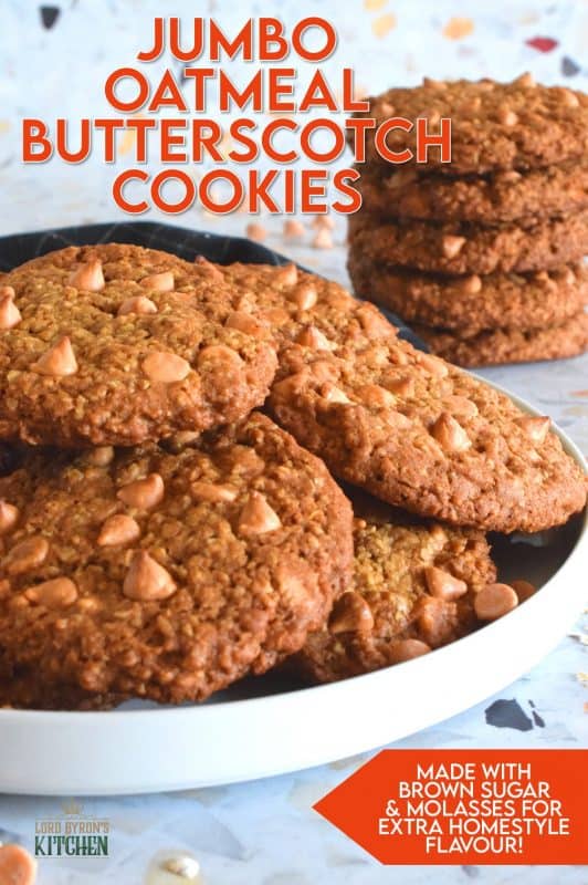 Butterscotch is sweet and indulgent, it's a flavour combination that combines that of browned butter, molasses, and caramelized sugar. Jumbo Oatmeal Butterscotch Cookies are prepared with simplified versions of those ingredients, but also with butterscotch chips and butterscotch pudding too! #butterscotch #oatmealcookies #cookies #jumbocookies #butterscotchchips 