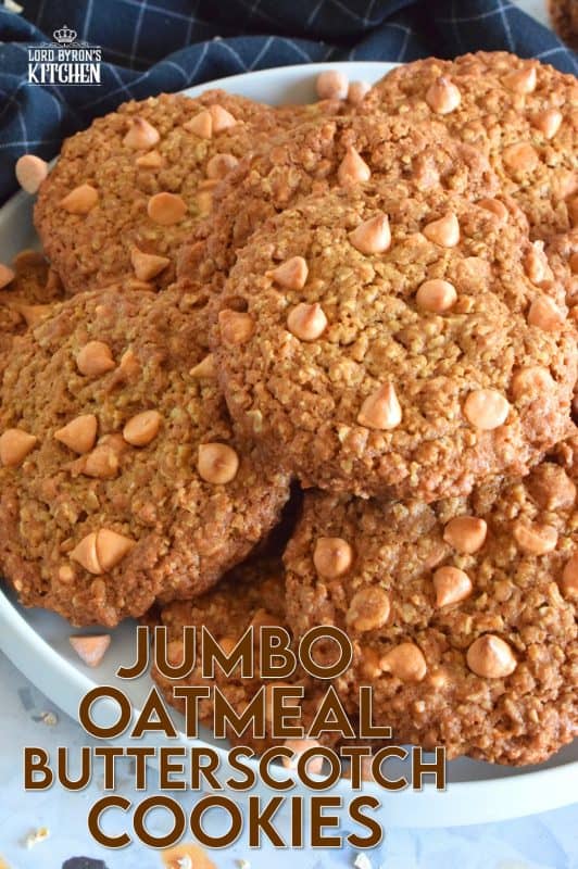 Butterscotch is sweet and indulgent, it's a flavour combination that combines that of browned butter, molasses, and caramelized sugar. Jumbo Oatmeal Butterscotch Cookies are prepared with simplified versions of those ingredients, but also with butterscotch chips and butterscotch pudding too! #butterscotch #oatmealcookies #cookies #jumbocookies #butterscotchchips 