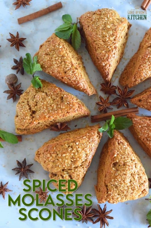 These scones are light and fluffy despite the quite noticeable flavour of the molasses and the plethora of familiar fall spices. With a warming combination of cinnamon, nutmeg, ginger, allspice, and a touch of anise, Spiced Molasses Scones are sure to wake up your taste buds! #scones #molasses #autumn #fall #spiced #baking