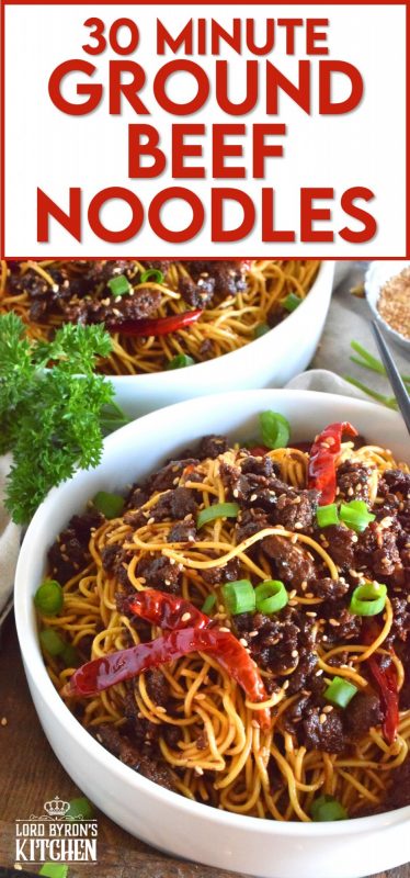 This recipe combines noodles with savoury, fried ground beef and optional chilies, in a deliciously salty, garlicky, and sweet sauce. 30 Minute Ground Beef Noodles are a quick and inexpensive meal for the whole family! #groundbeef #noodles #chowmein #asianinspired #familymeals