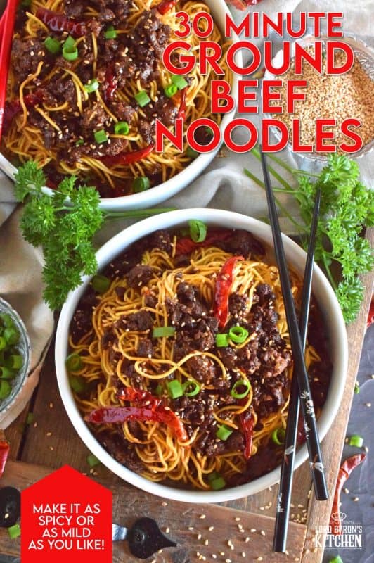This recipe combines noodles with savoury, fried ground beef and optional chilies, in a deliciously salty, garlicky, and sweet sauce. 30 Minute Ground Beef Noodles are a quick and inexpensive meal for the whole family! #groundbeef #noodles #chowmein #asianinspired #familymeals
