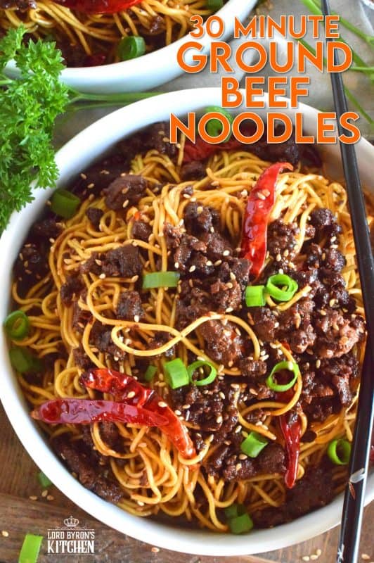 This recipe combines noodles with savoury, fried ground beef and optional chilies, in a deliciously salty, garlicky, and sweet sauce. 30 Minute Ground Beef Noodles are a quick and inexpensive meal for the whole family! #groundbeef #noodles #chowmein #asianinspired #familymeals