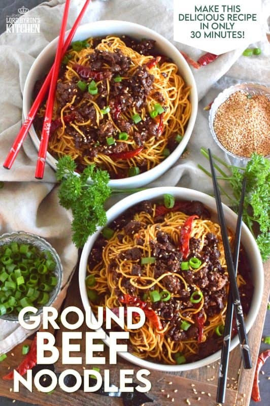 This recipe combines noodles with savoury, fried ground beef and optional chilies, in a deliciously salty, garlicky, and sweet sauce. 30 Minute Ground Beef Noodles are a quick and inexpensive meal for the whole family! #groundbeef #noodles #chowmein #asianinspired #familymeals