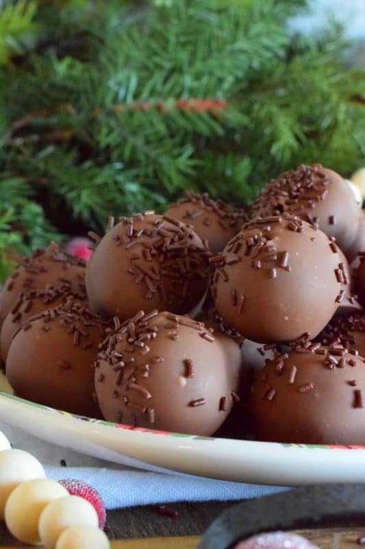One of the most recognizable, freezer-friendly cakes is the star of this truffle recipe. McCain Cake Truffles are prepared with a chocolate cake and chocolate chips - that's it! How's that for easy and budget friendly? All is takes are those two ingredients to make one of the most moist and dense, chocolaty treat! #christmas #holiday #nobake #mccain #chocolate #chocolatecake #truffles