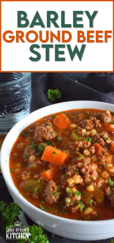 Traditionally, beef stew is made with chuck and can be pricey for the budget-conscious family. Using inexpensive ground beef is a great solution. It's readily available and affordable too. Paired with barley and a few vegetables, this stew is simply delicious! #beef #groundbeef #barley #stew #beefstew