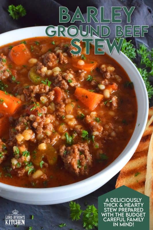 Traditionally, beef stew is made with chuck and can be pricey for the budget-conscious family. Using inexpensive ground beef is a great solution. It's readily available and affordable too. Paired with barley and a few vegetables, this stew is simply delicious! #beef #groundbeef #barley #stew #beefstew