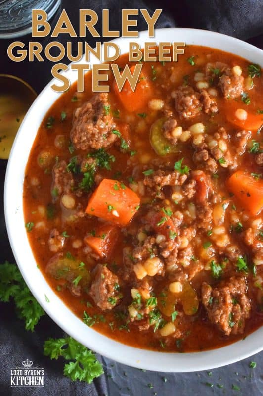 Traditionally, beef stew is made with chuck and can be pricey for the budget-conscious family. Using inexpensive ground beef is a great solution. It's readily available and affordable too. Paired with barley and a few vegetables, this stew is simply delicious! #beef #groundbeef #barley #stew #beefstew