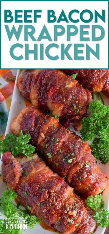 Moist and tender chicken breasts wrapped in beef bacon, which is flavoured with brown sugar, paprika, garlic, and onion. Perfectly baked until the bacon has browned and caramelized, this main is easy to prepare and absolutely delicious. There's just one problem - there never seems to be enough! #beefbacon #beef #bacon #chicken #whatsfordinner