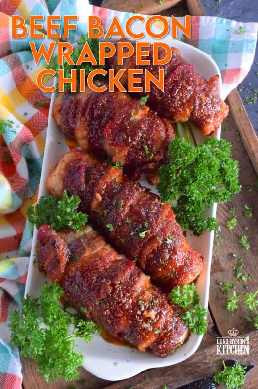 Moist and tender chicken breasts wrapped in beef bacon, which is flavoured with brown sugar, paprika, garlic, and onion. Perfectly baked until the bacon has browned and caramelized, this main is easy to prepare and absolutely delicious. There's just one problem - there never seems to be enough! #beefbacon #beef #bacon #chicken #whatsfordinner