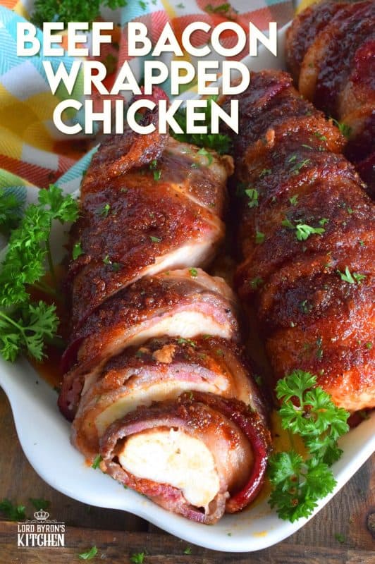 Moist and tender chicken breasts wrapped in beef bacon, which is flavoured with brown sugar, paprika, garlic, and onion. Perfectly baked until the bacon has browned and caramelized, this main is easy to prepare and absolutely delicious. There's just one problem - there never seems to be enough! #beefbacon #beef #bacon #chicken #whatsfordinner