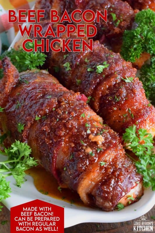 Moist and tender chicken breasts wrapped in beef bacon, which is flavoured with brown sugar, paprika, garlic, and onion. Perfectly baked until the bacon has browned and caramelized, this main is easy to prepare and absolutely delicious. There's just one problem - there never seems to be enough! #beefbacon #beef #bacon #chicken #whatsfordinner