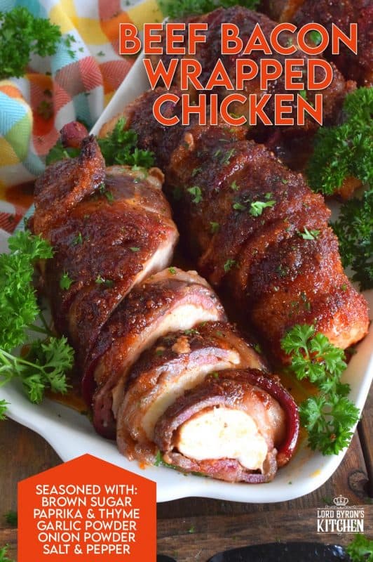 Moist and tender chicken breasts wrapped in beef bacon, which is flavoured with brown sugar, paprika, garlic, and onion. Perfectly baked until the bacon has browned and caramelized, this main is easy to prepare and absolutely delicious. There's just one problem - there never seems to be enough! #beefbacon #beef #bacon #chicken #whatsfordinner
