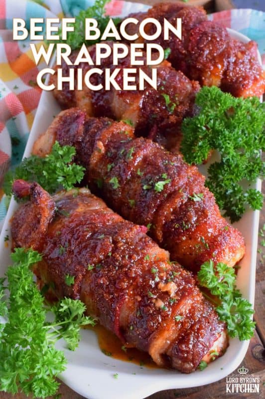 Moist and tender chicken breasts wrapped in beef bacon, which is flavoured with brown sugar, paprika, garlic, and onion. Perfectly baked until the bacon has browned and caramelized, this main is easy to prepare and absolutely delicious. There's just one problem - there never seems to be enough! #beefbacon #beef #bacon #chicken #whatsfordinner
